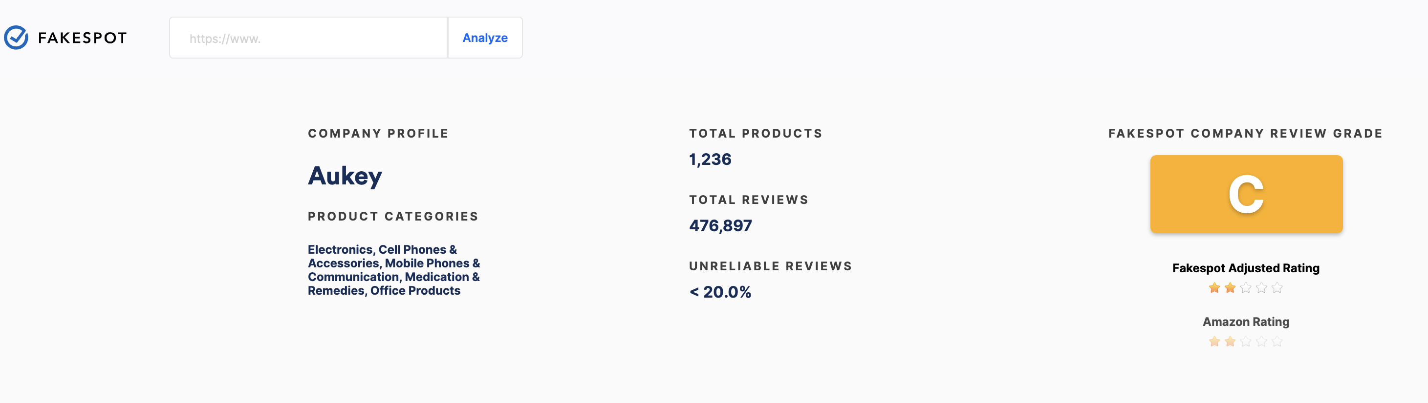AUKEY Fakespot Company Page Screenshot